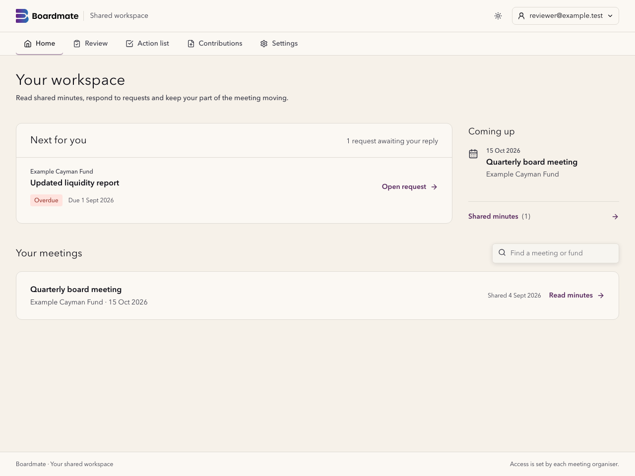 Boardmate collaborator workspace with the next request, upcoming meeting and shared minutes.
