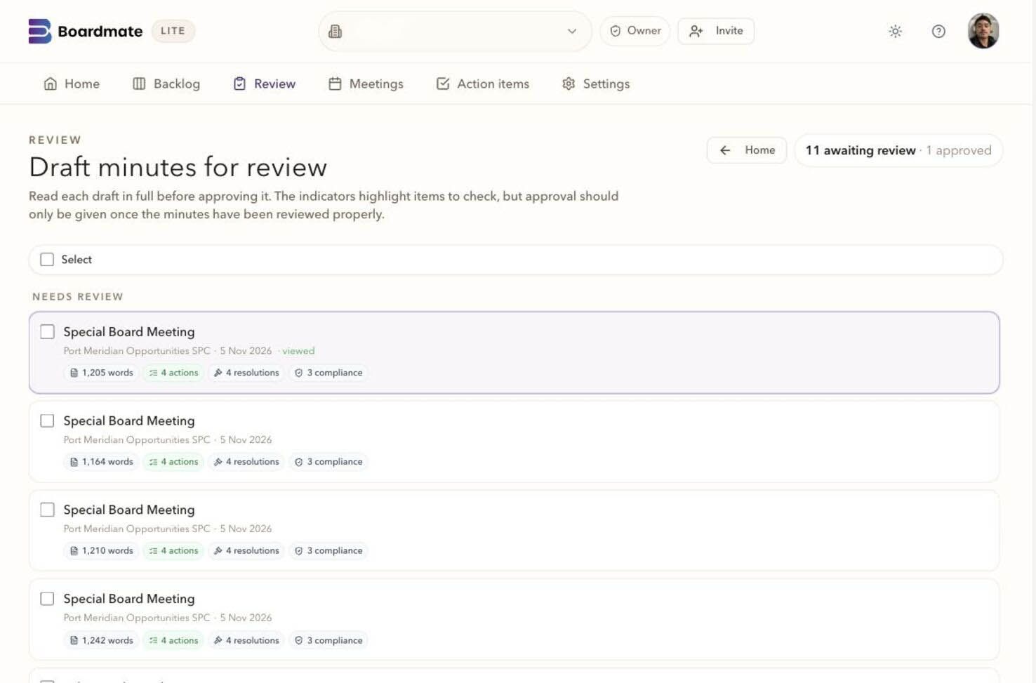 Boardmate Lite review queue for draft minutes.