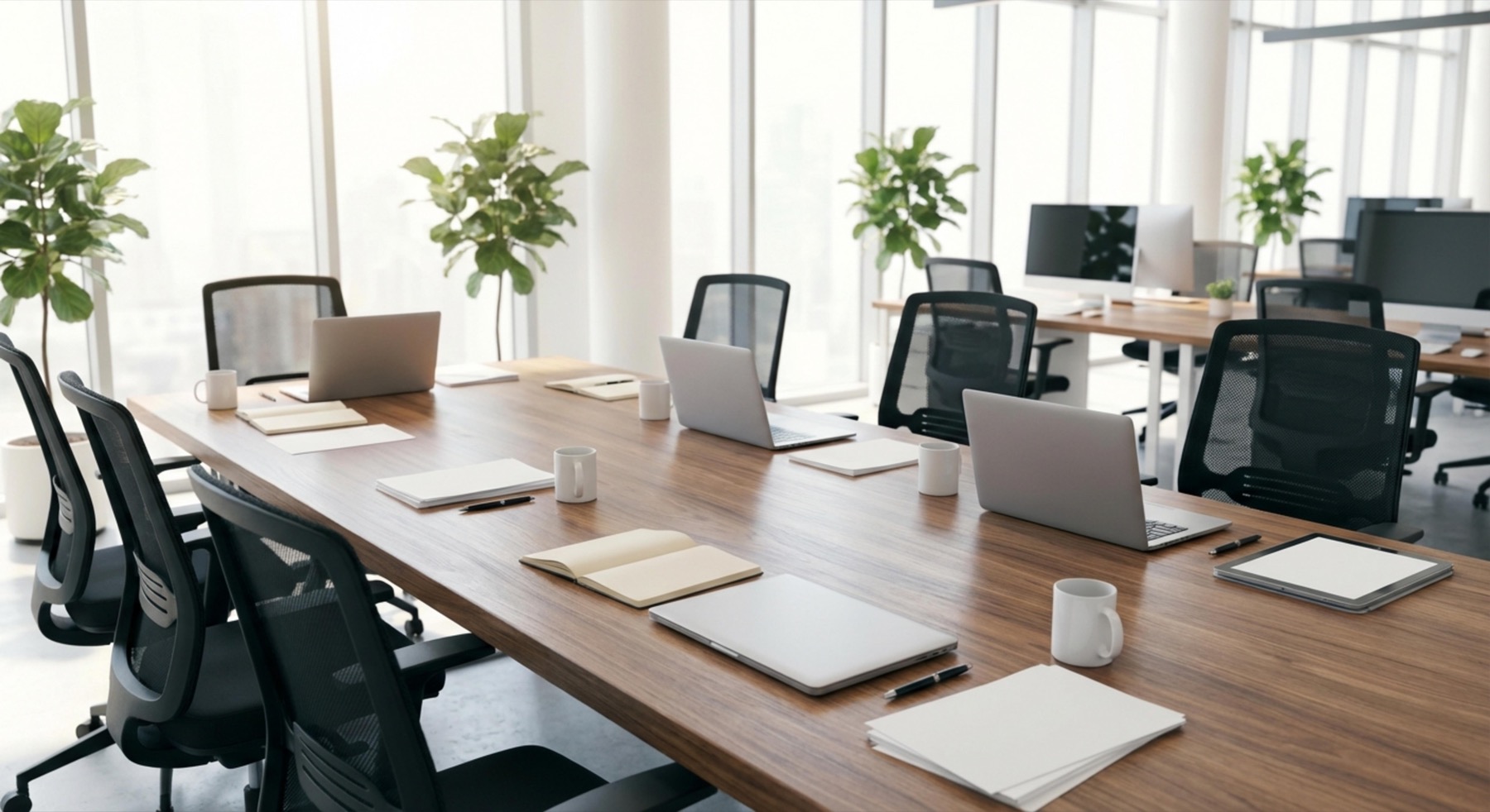 Boardroom table prepared with papers, laptops, and meeting materials.