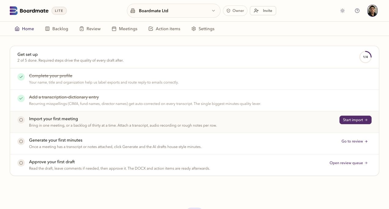 Boardmate Lite home workbench showing backlog status and import actions.