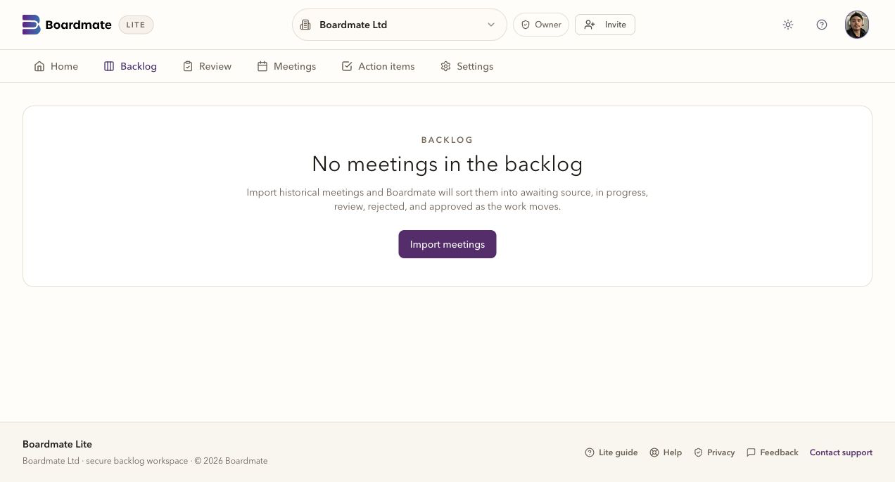 Boardmate Lite backlog board with meetings grouped by stage.