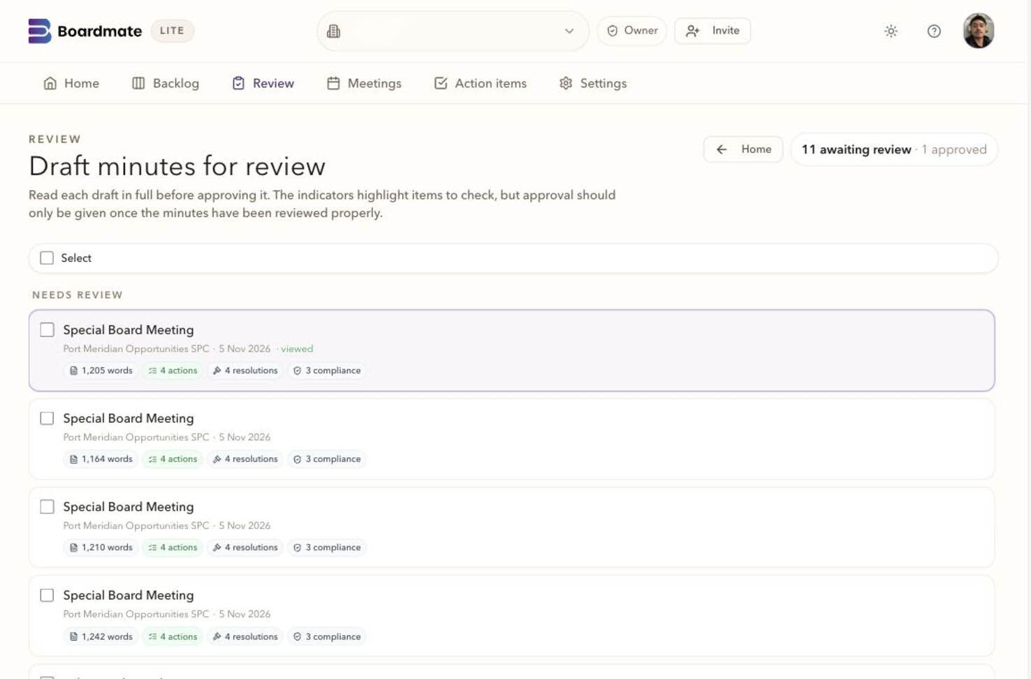 Boardmate Lite review queue for draft minutes.